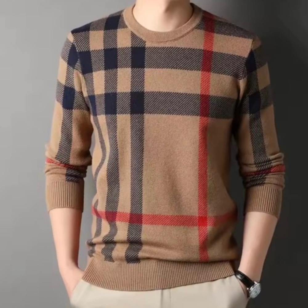 NEW $98 Cody Checker Full Men's Classic Plaid Sweater - Brown and Red
